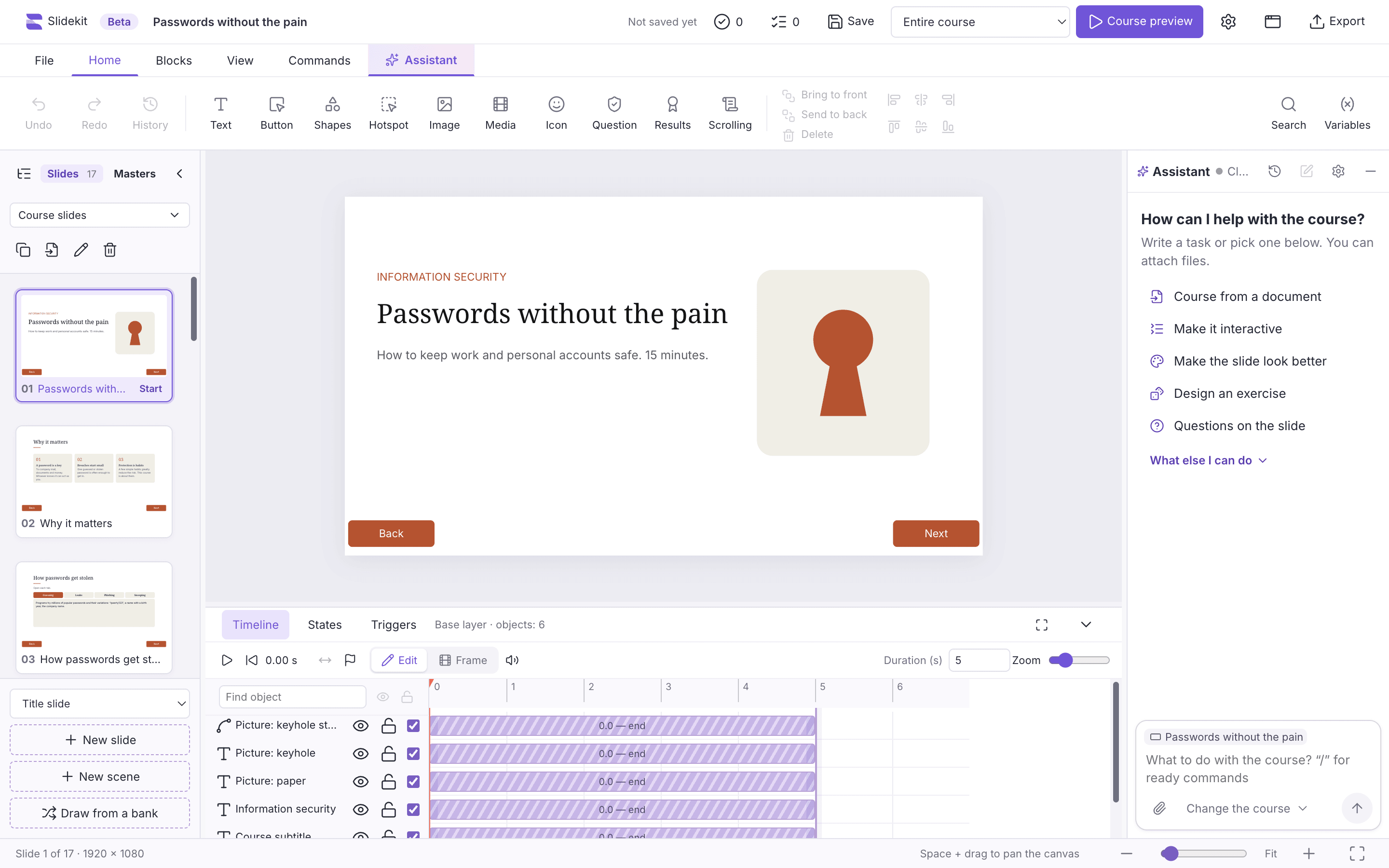 Slidekit with the example course “Passwords without the pain”: the slides on the left, the title slide on the canvas, the AI assistant with its ready commands on the right and the timeline below
